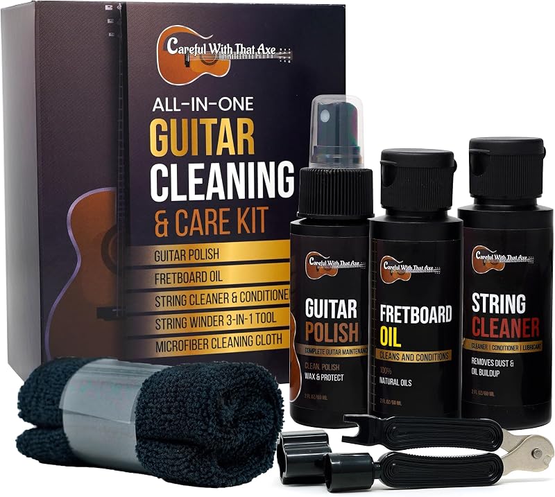 Guitar Cleaner Polish, String Cleaner, Winder & Fretboard Oil Kit | Cleans, Polishes & Protects Body & Fingerboard, Made in USA