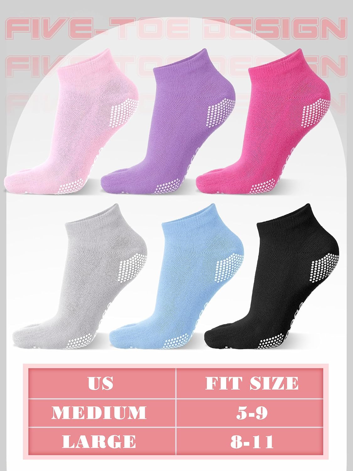 Fourluoo 6 Pairs Women Toe Socks Non Slip Yoga Socks with Grip Men Pilates Toe Socks for Dance Gym