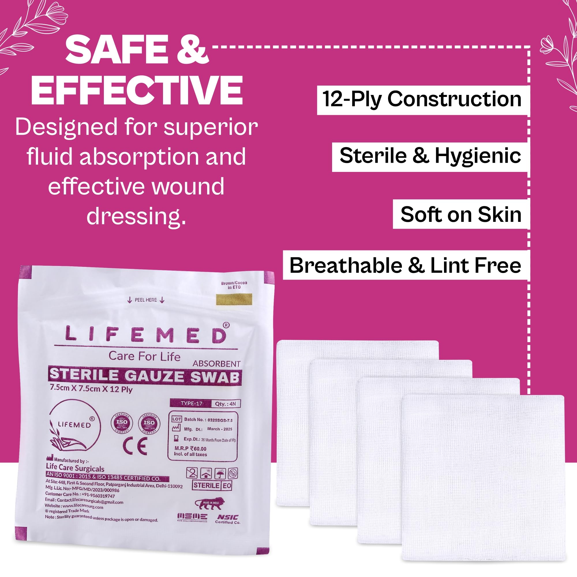 LIFEMED Absorbent Sterile Gauze Swabs 7.5 X 7.5 Cm, 12 Ply, 4 Pcs/pack, 10 Packs (40 Dressings), Highly Absorbent Wound Dressing Pads for First Aid, Surgical Procedures, Clinics & Hospitals 1