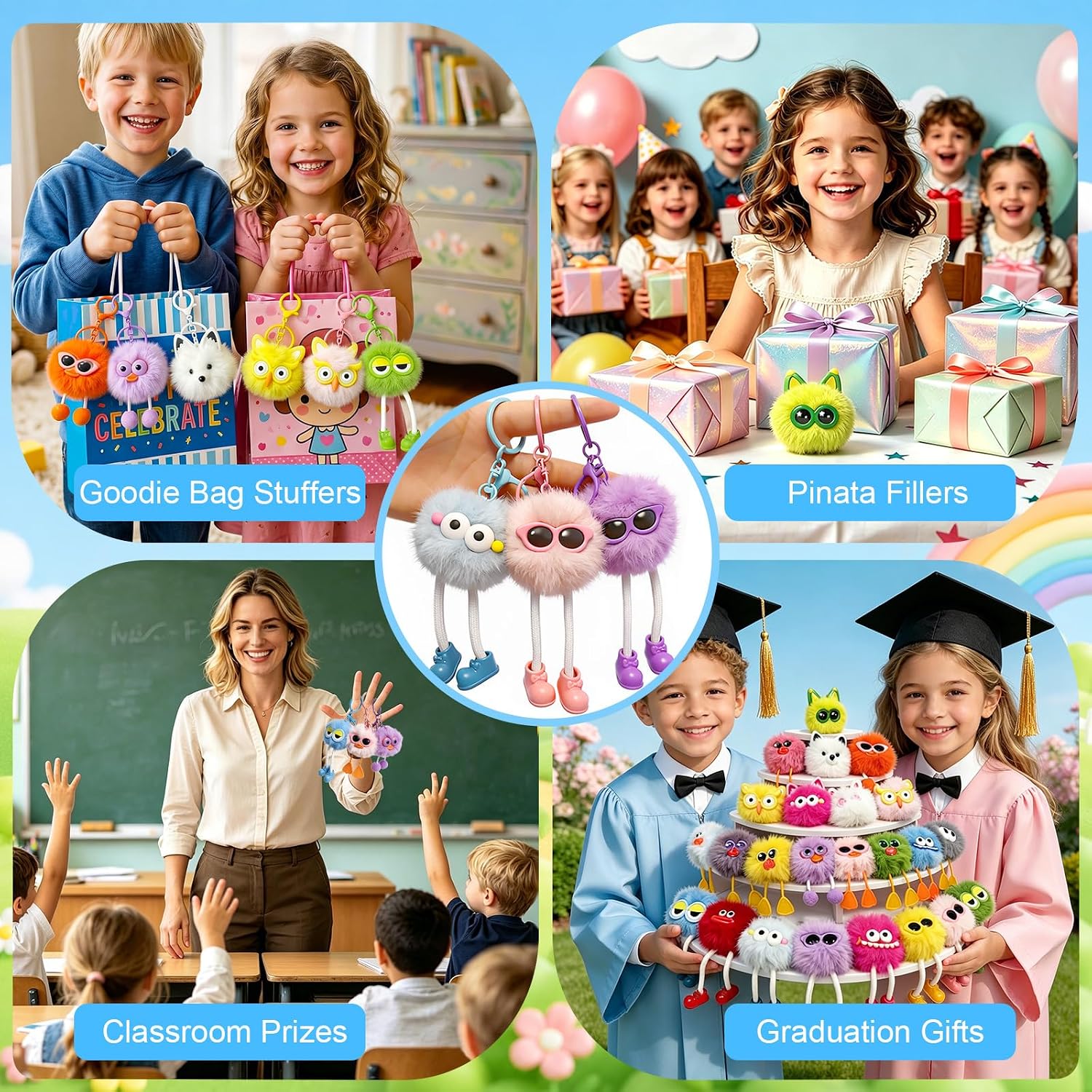 Plush Fuzzy Keychains Bulk for Kids Birthday Party Favors | Soft Cute Toys, Easter Egg Hunt Fillers, Valentine Gifts, Christmas Stuffers, Classroom Prizes, Goodie Bag, Backpack Charms