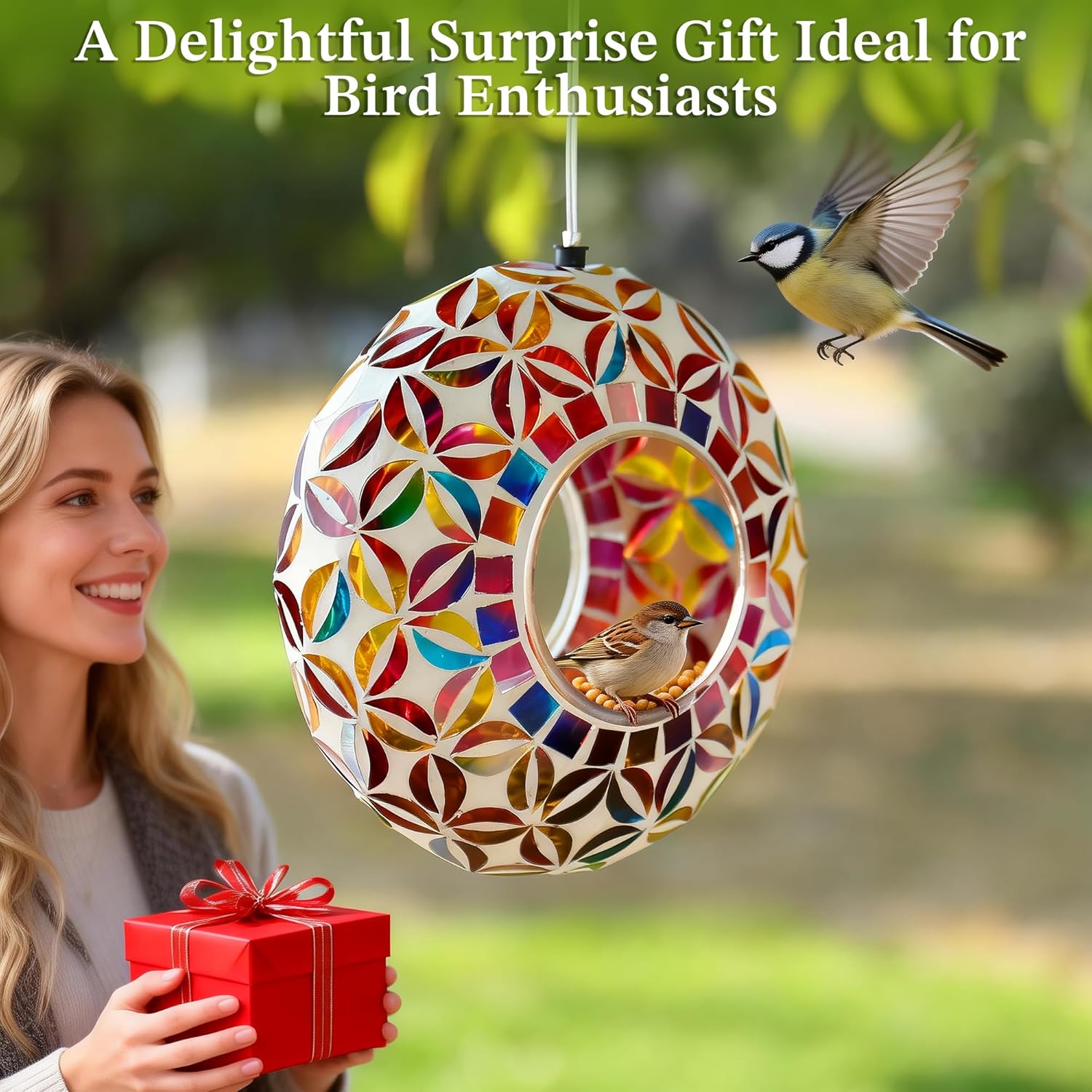 SAVENNA Mosaic Glass Hanging Bird Feeder, 6.3 Inch Handcrafted Outdoor Feeder with Steel Wire Rope, Decorative Garden & Patio Feeder for Wild Birds, Colorful Floral Mosaic Design