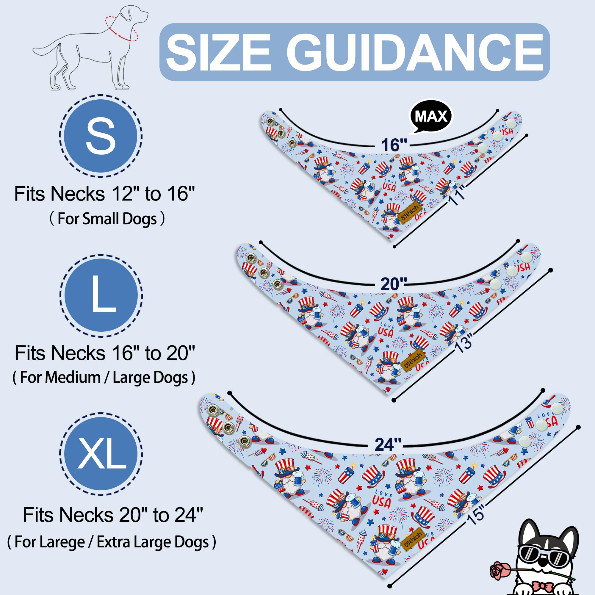 THLOH 4th of July Dog Bandanas with Snap Button, 2 Pack American Flag Pet Scarf for Boy & Girl, Premium Durable Fabric, Adjustable Fit, Patriotic Bandana for Medium and Large Dogs (Large)