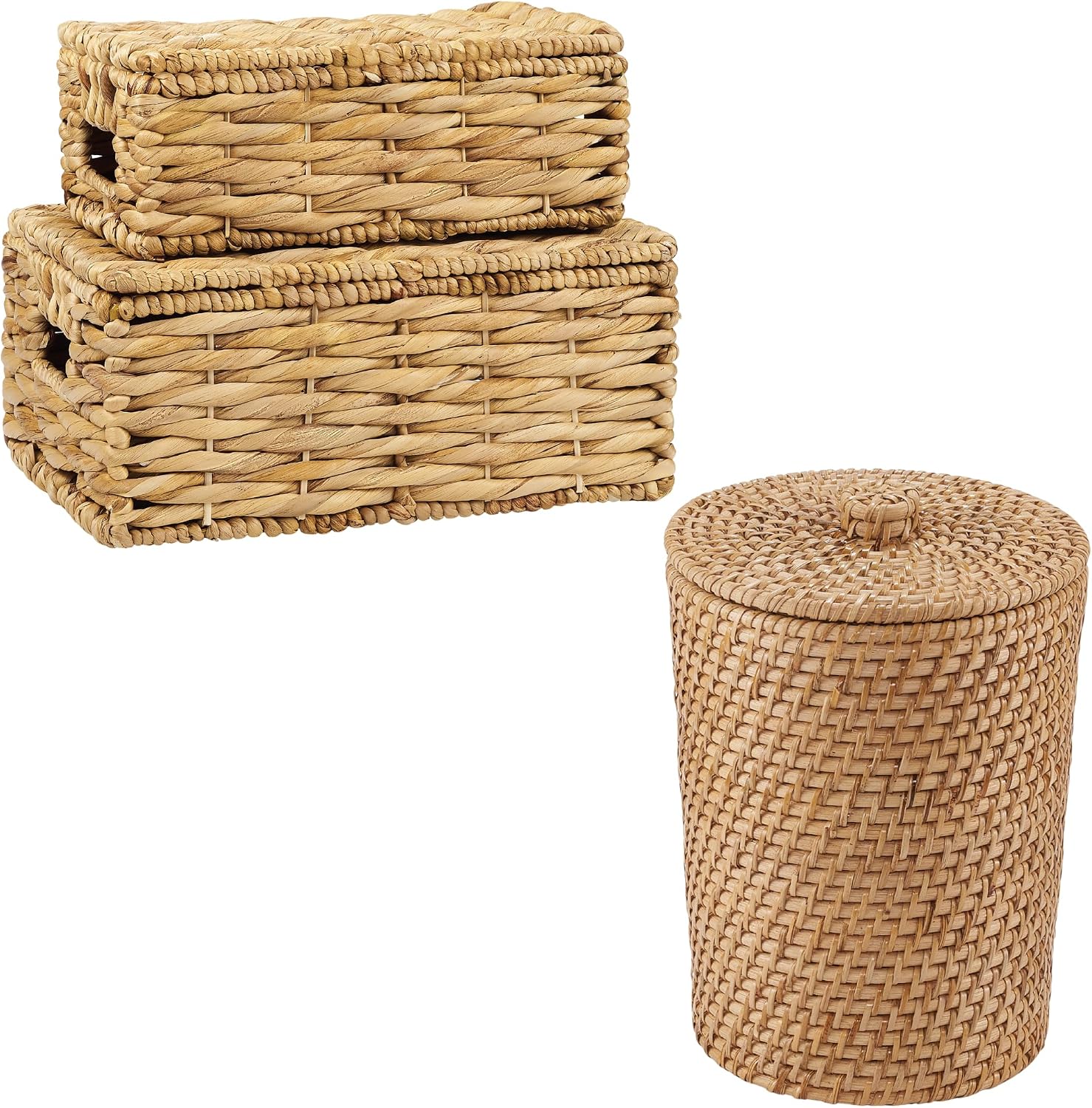 Set of 2 Lidded Storage Boxes and Rattan Trash Can with Liner, Natural