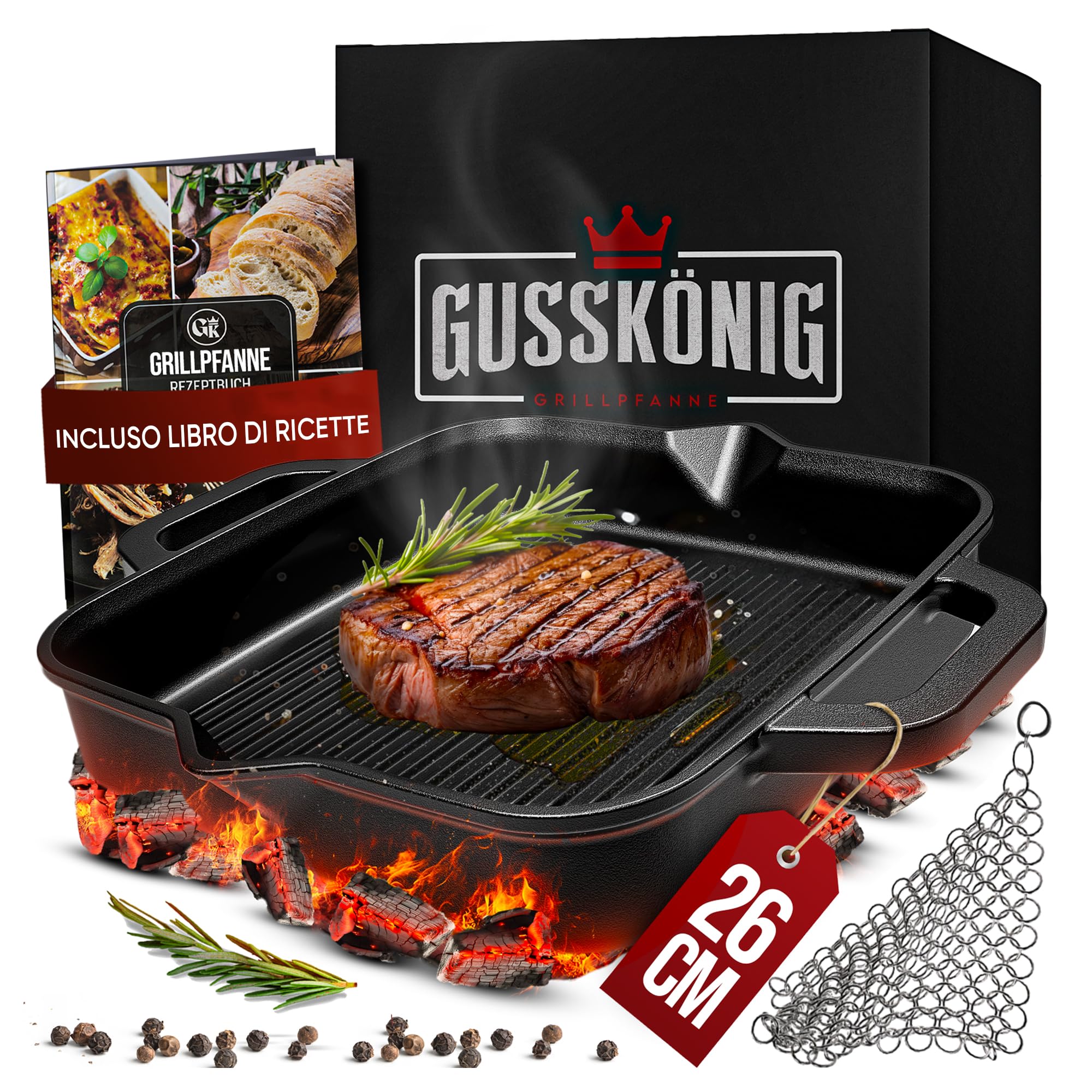 GUSSKÖNIG Bistecchiera in Ghisa 26 cm – Superficie Rigata per Grill – Prestagionata Naturale – Compatibile Induzione e Forno – Ideale per Carne, Verdure e Grigliate