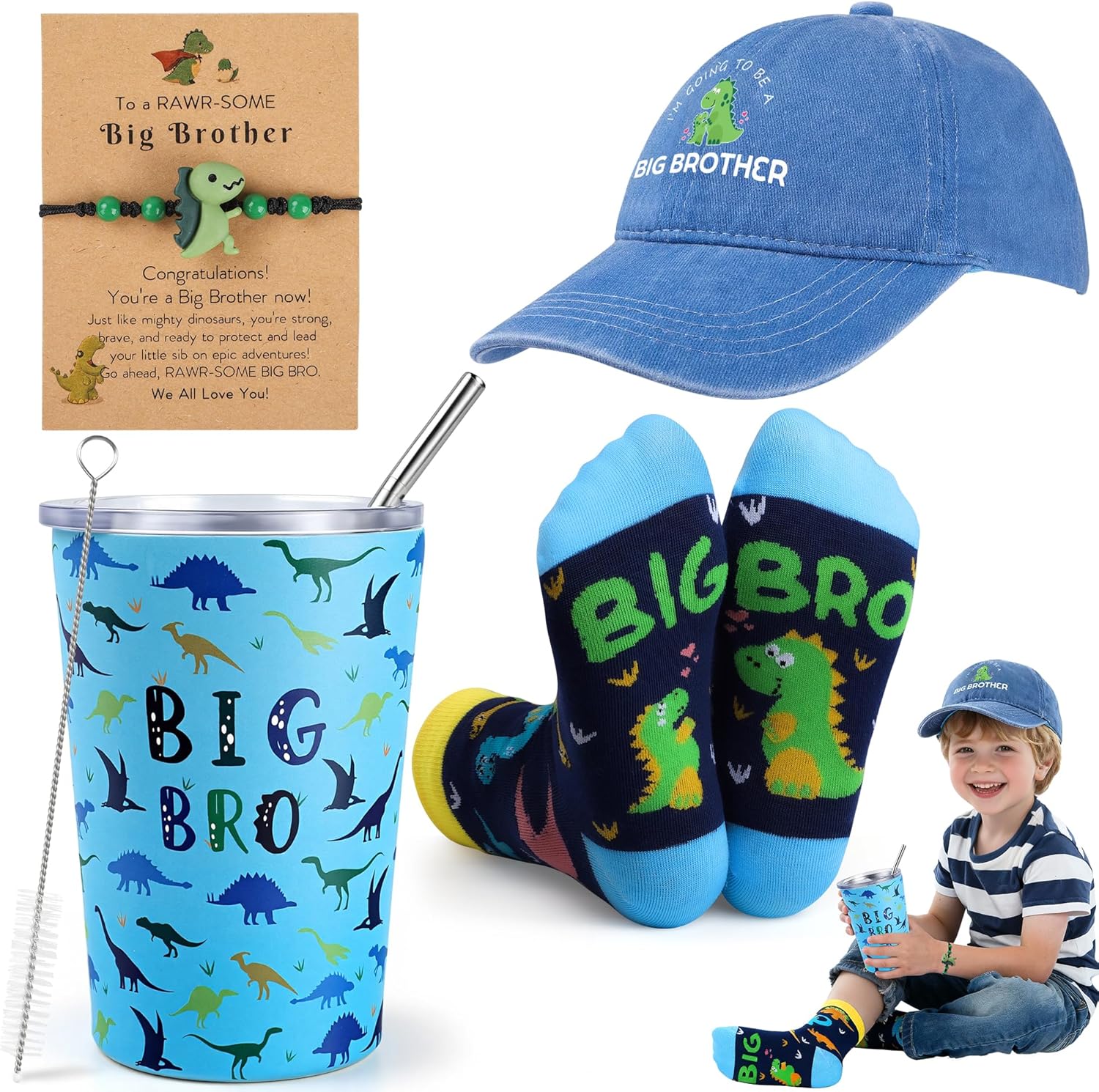 4 Pcs Big Brother Big Brother Gift - Dinosaur Socks, Boys Bracelets, 12oz Dinosaur Cups, Baseball Cap - Birthday, Christmas, Special Occasion Gift for Boys, 5-12 Years