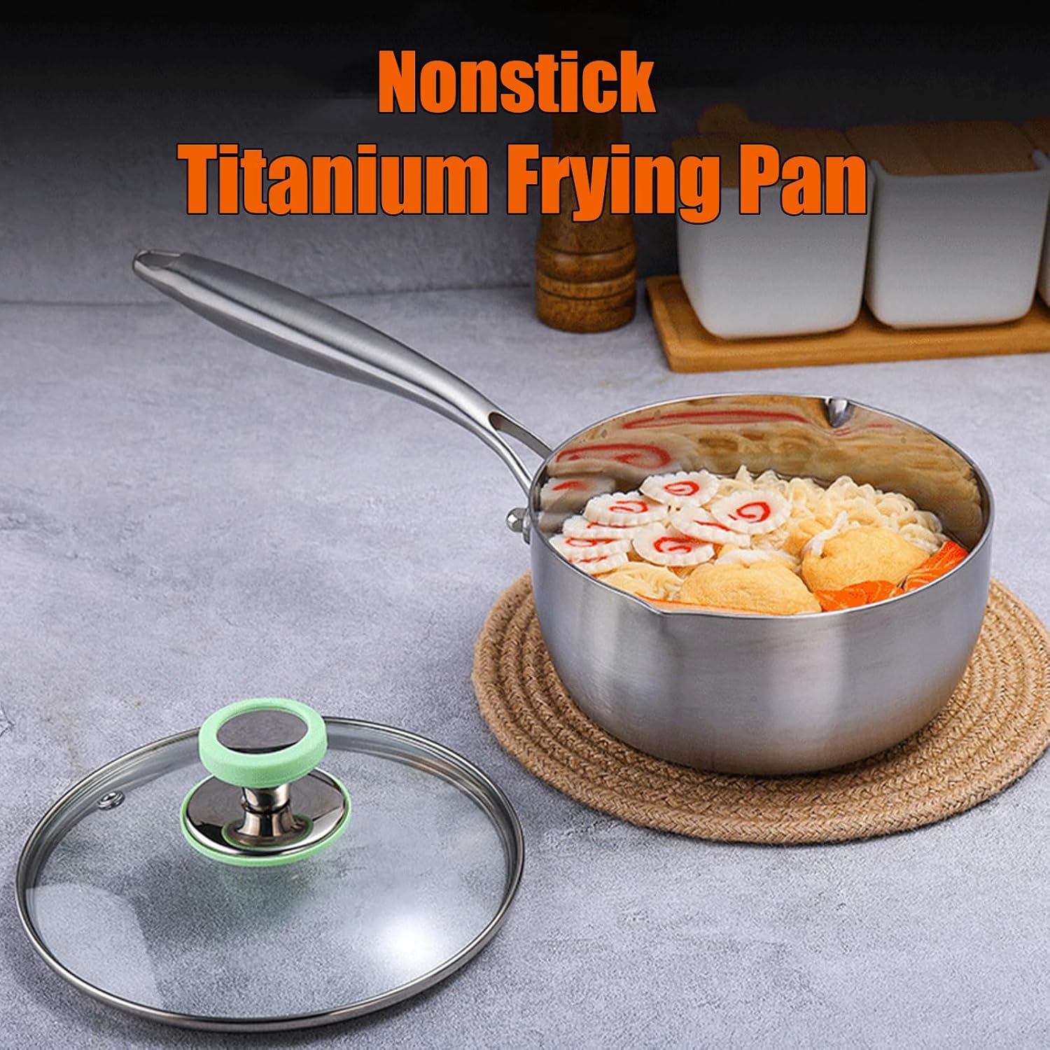 Titanium Pan Pot with Lid, Non-Stick Titanium Saucepan, 500°F Heat Resistant, Fast & Even Heating, Dual-Pour Spouts Design, Compatible with All Cooktops,7.09IN