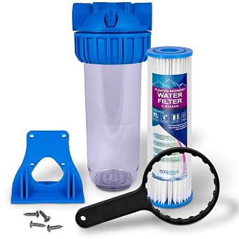 10 Clear Standard Transparent Whole House Water Filter System with Presser Relief Button, 3/4 Inlet/Outlet Brass Port & 5 Micron Pleated Sediment Water Cartridge, Meets NSF Standards & Regulations