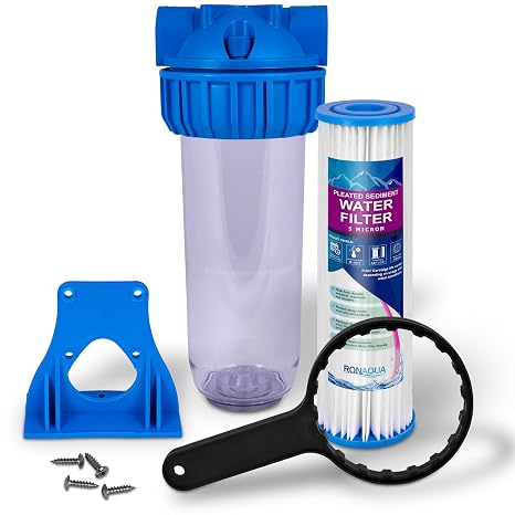 10 Clear Standard Transparent Whole House Water Filter System with Presser Relief Button, 3/4 Inlet/Outlet Brass Port & 5 Micron Pleated Sediment Water Cartridge, Meets NSF Standards & Regulations