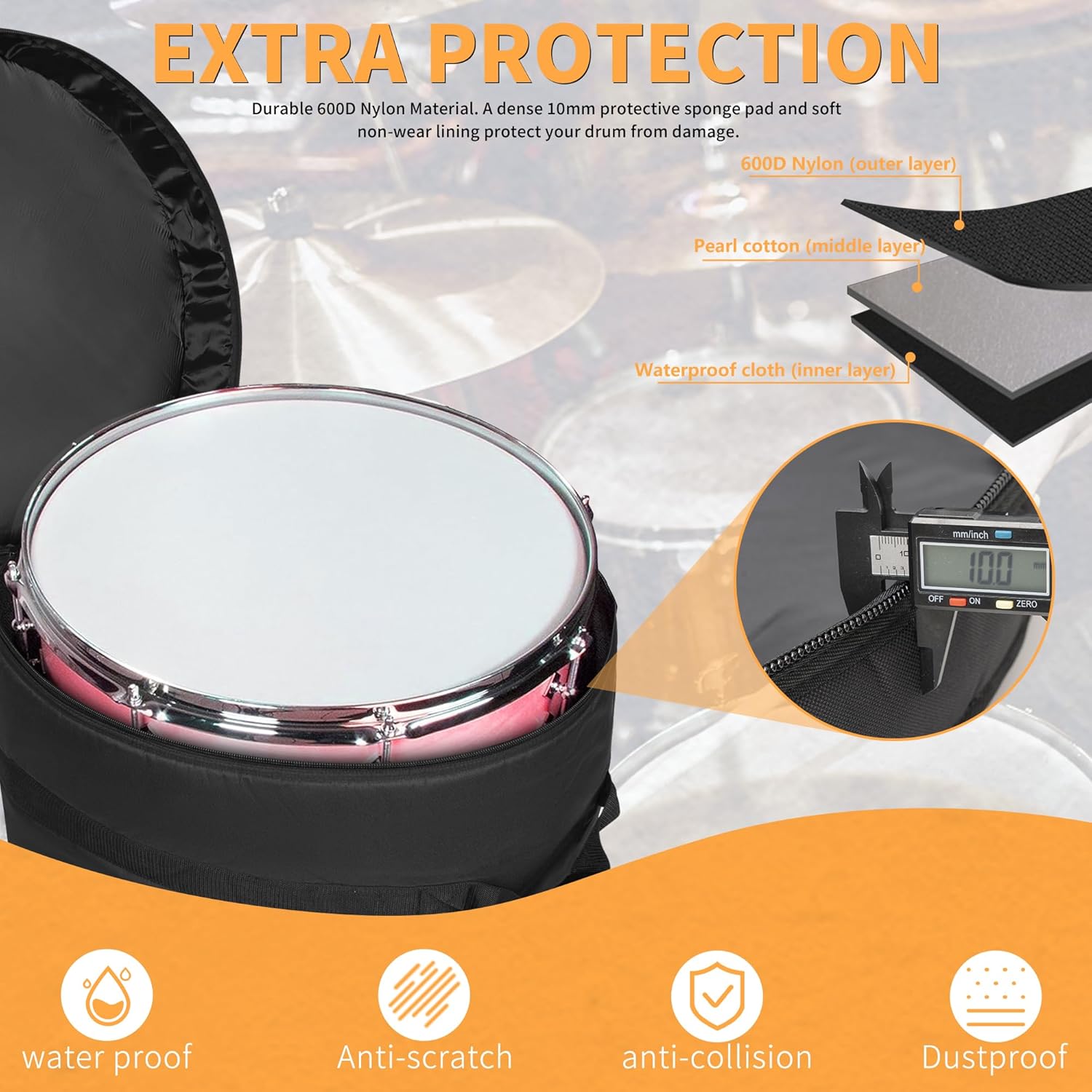 Bass Drum Bag For Bass Tom 22"x18", 10mm Thick Padded Travel Drum Case
