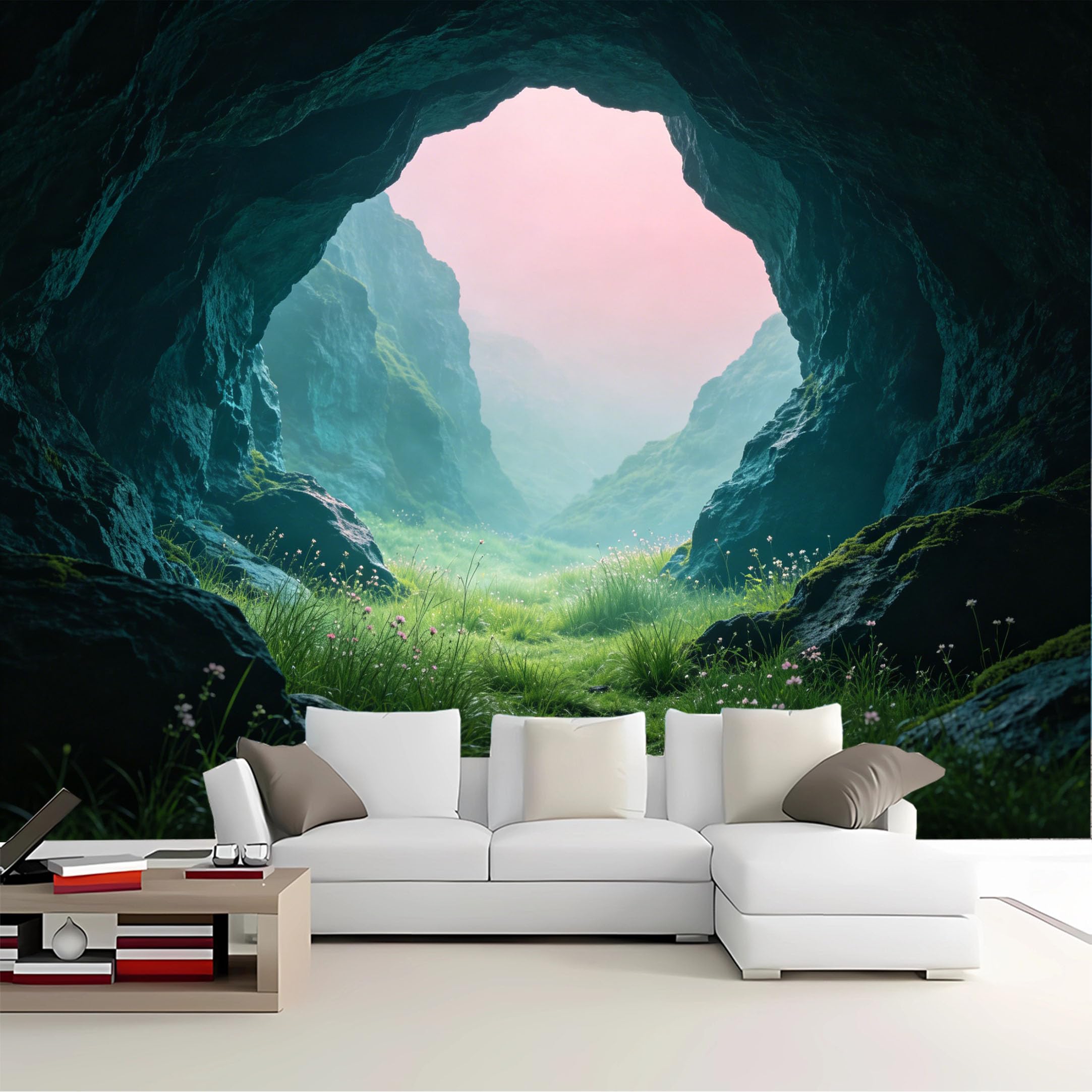 Custom Size Wall Mural Cave View Misty Mountain Meadow Removable Self Adhesive Peel and Stick Wallpaper for Bedroom Living Room Dining Room