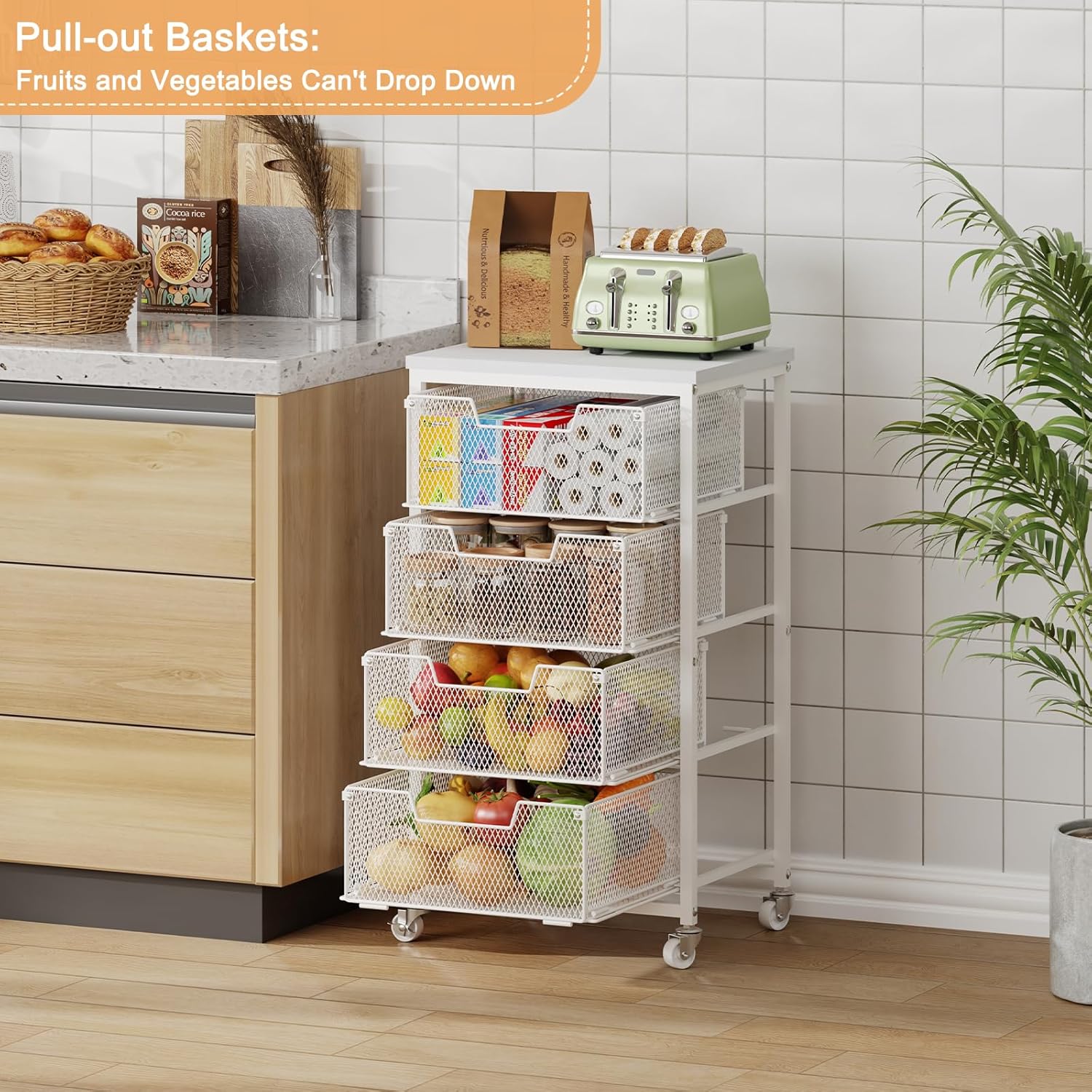 4-Tier Kitchen Storage Cart - Fruit Vegetable Storage Cart with Drawers, Wooden Top Metal Wire Kitchen Organizer and Storage Cart with Wheels to Storage Onions Potatoes Cans Snacks for Kitchen - Image 8
