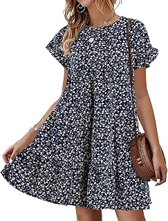 Womens Babydoll Dress Summer Boho Print Ruffles Loose Flowy Mini Dress