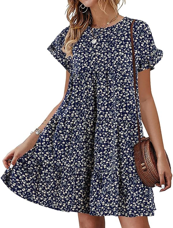 Womens Babydoll Dress Summer Boho Print Ruffles Loose Flowy Mini Dress by Chuanqi - Used condition - US$18.99