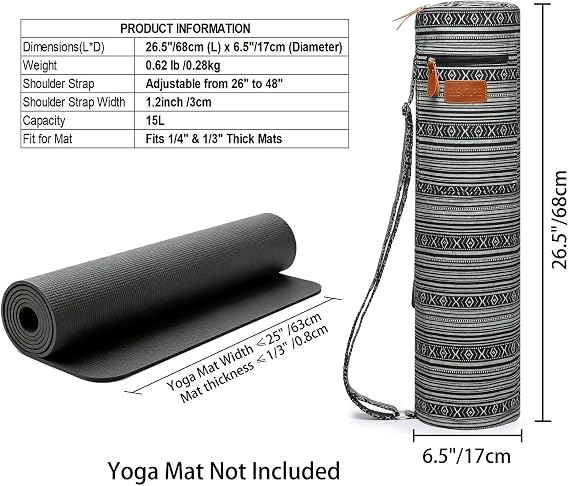 Yoga Mat Bag for Women & Men, Full-Zip Canvas Pilates Bag with Pockets