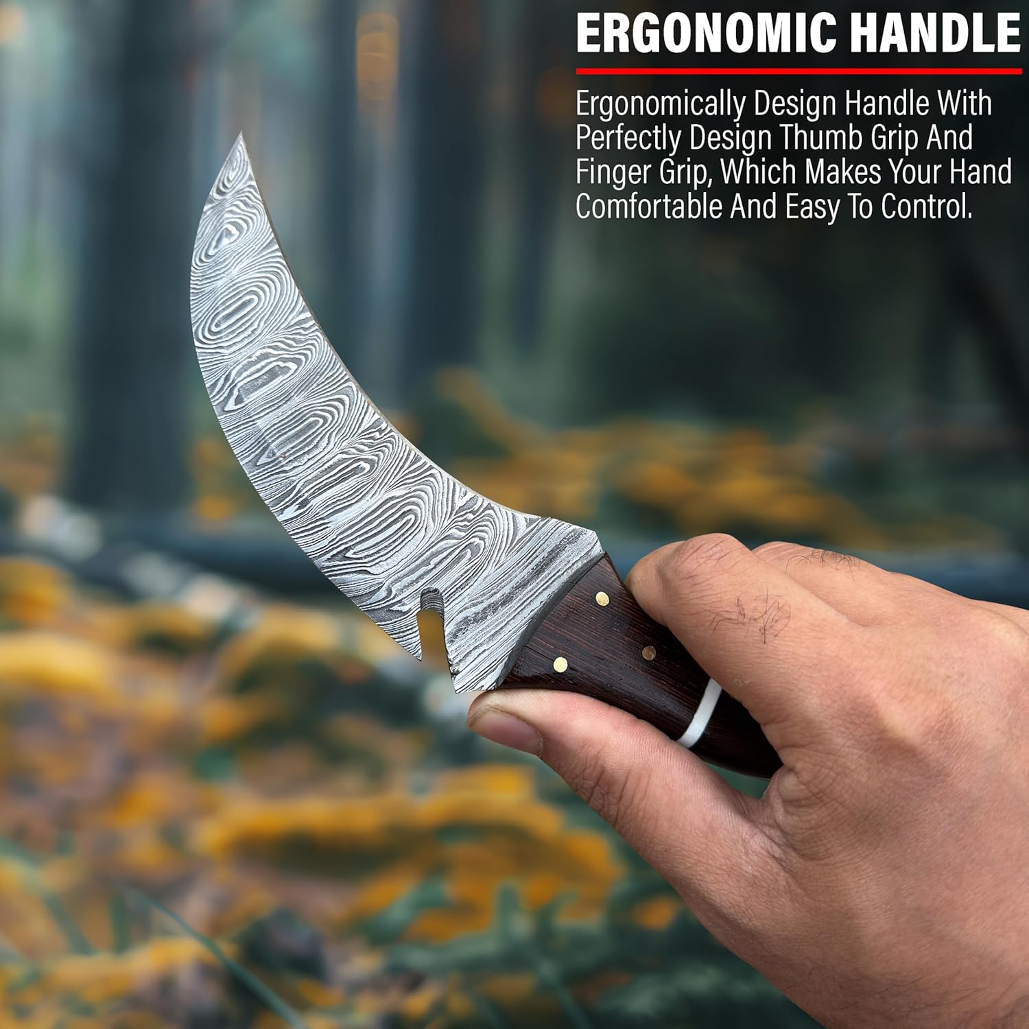 RC Damascus Hunting Knife with Leather Sheath | 9'’ EDC Knife for Men - WOODEN Handle | Full Tang Fixed Blade handmade Knives - it's a unique product for unique buyers. (Brown)