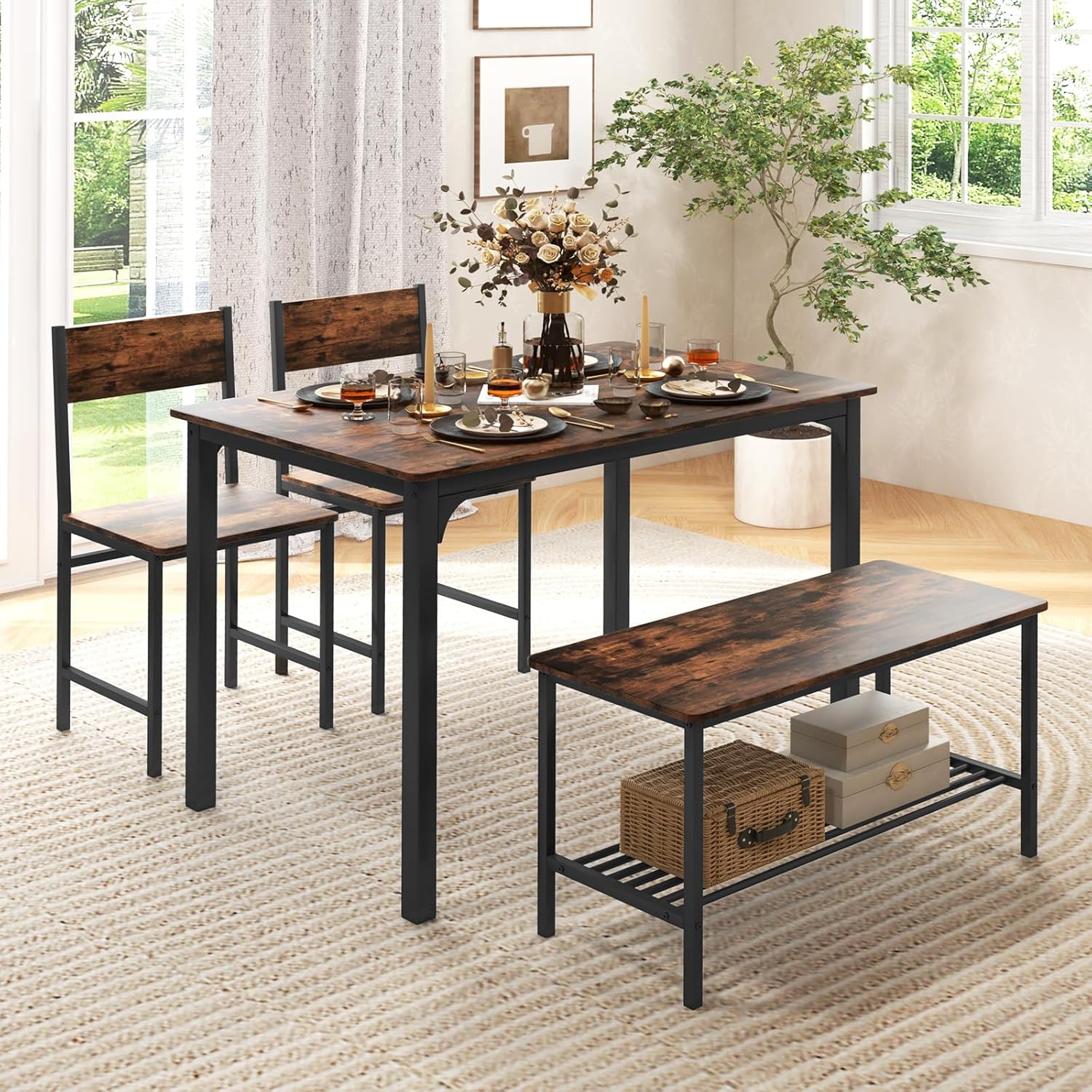 KOTEK Dining Table Set for 4, Dining Room Table Set with Bench and Chairs, Dinette Set with Metal Frame & Storage Rack, Kitchen Table and Chairs Set for Small Space, Apartment (Coffee)