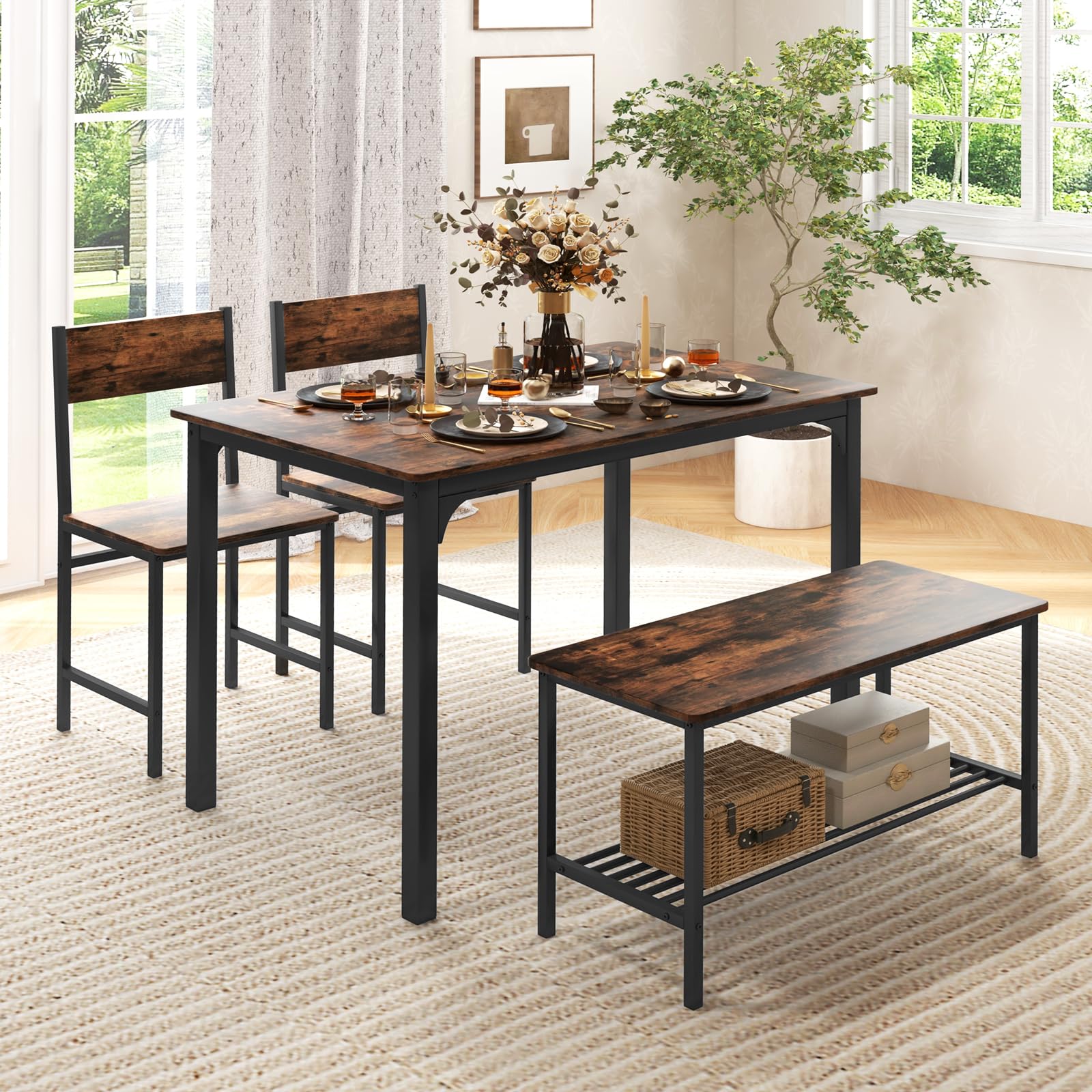 GOFLAME 4-Piece Dining Table Set for 4, Industrial Kitchen Table with 2 Chairs & Bench, Space-Saving Breakfast Table Set with Storage Shelf & Metal