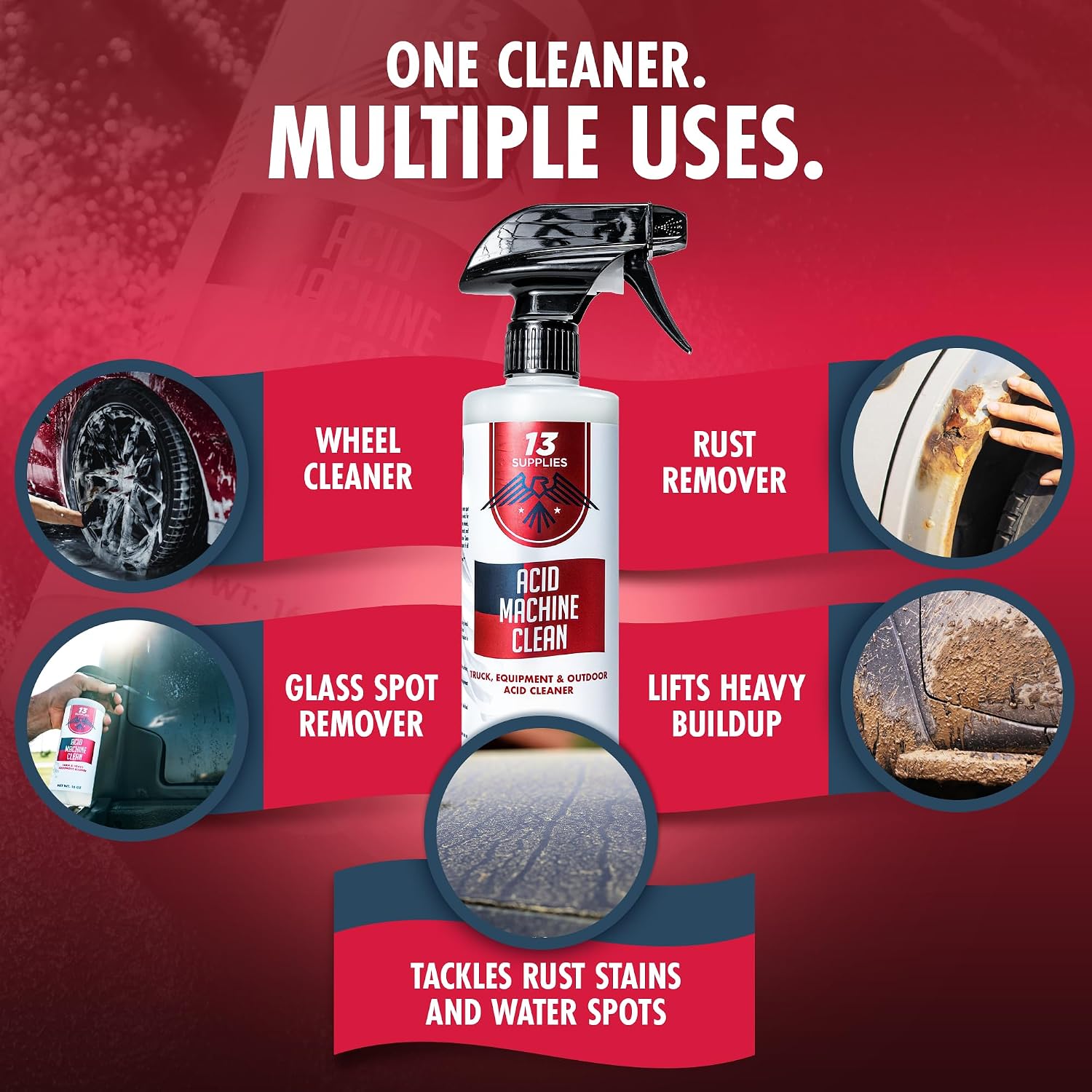 Heavy Duty Wheel Cleaner and Water Spot Remover for Cars - Oil Film Remover and Acid Machine Cleaner for Car Paint, Glass, and Metal, Multi-Purpose Hard Water Stain Remover for Car Detailing – 16 oz