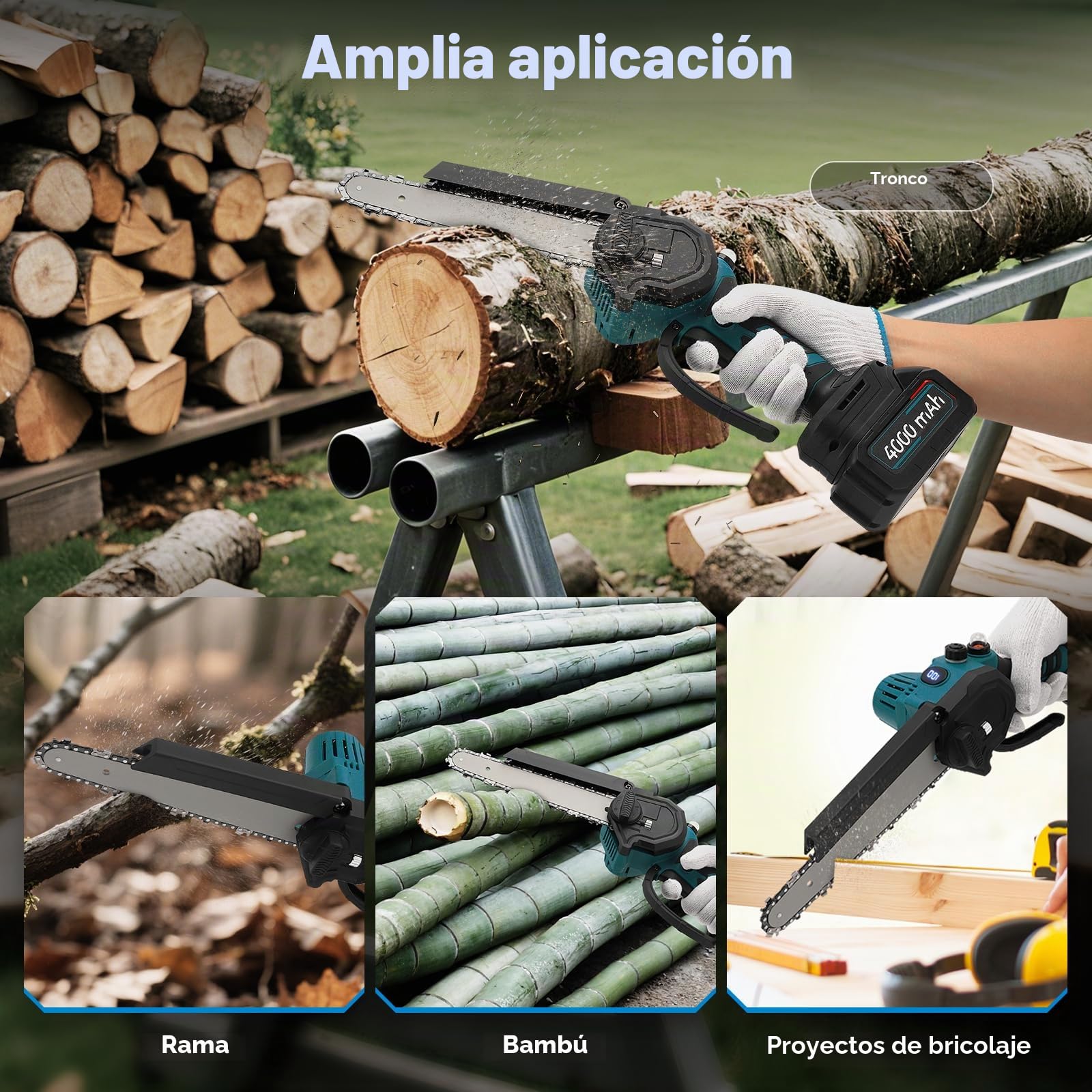 Sierra de Cadena Inalámbrica 8 Pulgadas, Mini Motosierra con 2 Baterías y Motor 950W. Hoja Convertible 6 u 8 Pulgadas Para Madera, Poda de Ramas y Jardinería (Blue)
