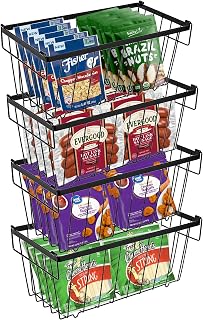 4 Pieces Freezer Basket, Metal Freezer Storage, Stackable Wire Hooks with Handles and Non-Slip Bottom, Wire Basket, Black for Refrigerator, Kitchen, 37.4 x 18 x 15.5 cm