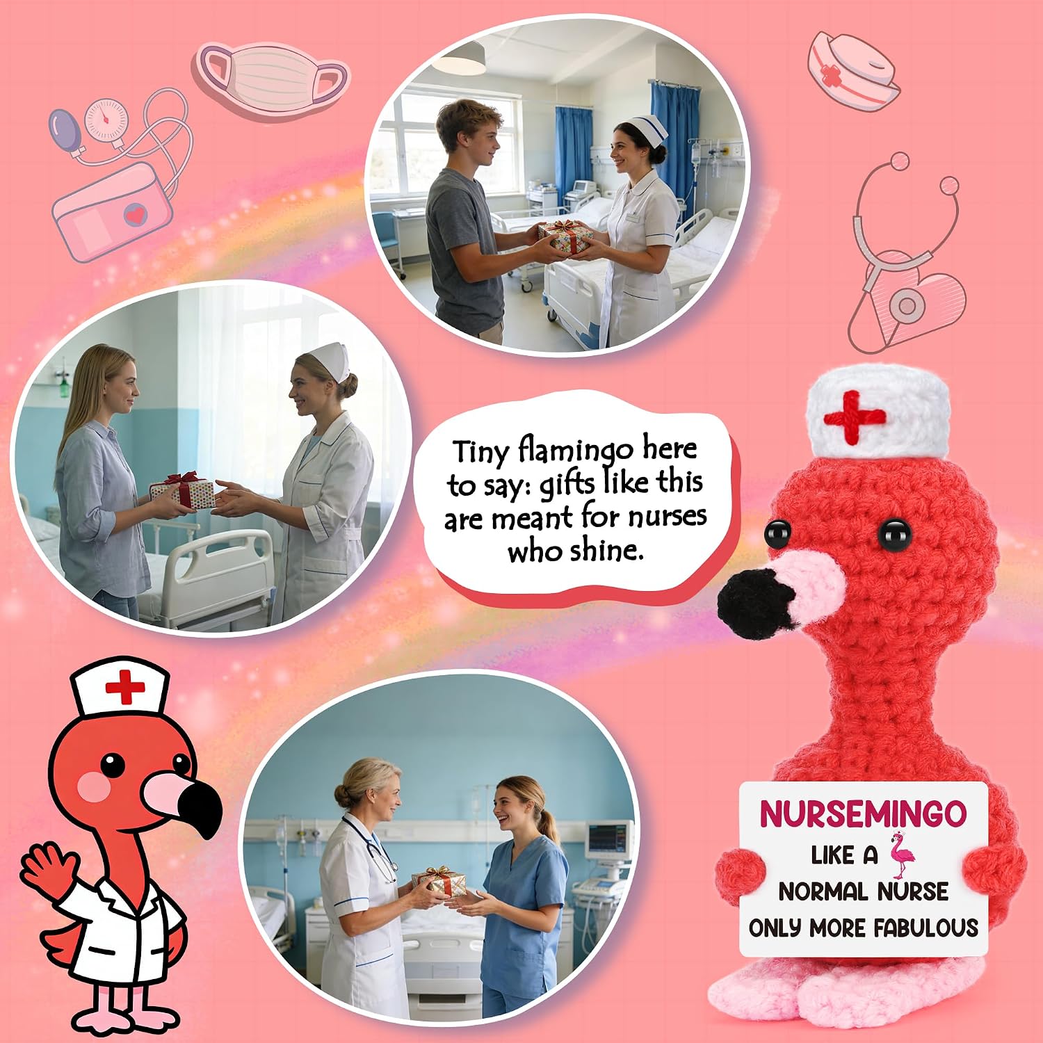 Nurses Gifts for Women Female, Christmas Nurses Appreciation Gifts for RN Thank You Gift for Practitioner LPN Nurse Graduation Gift for Nursing School Students Handmade Crochet Flamingo Presents image 5