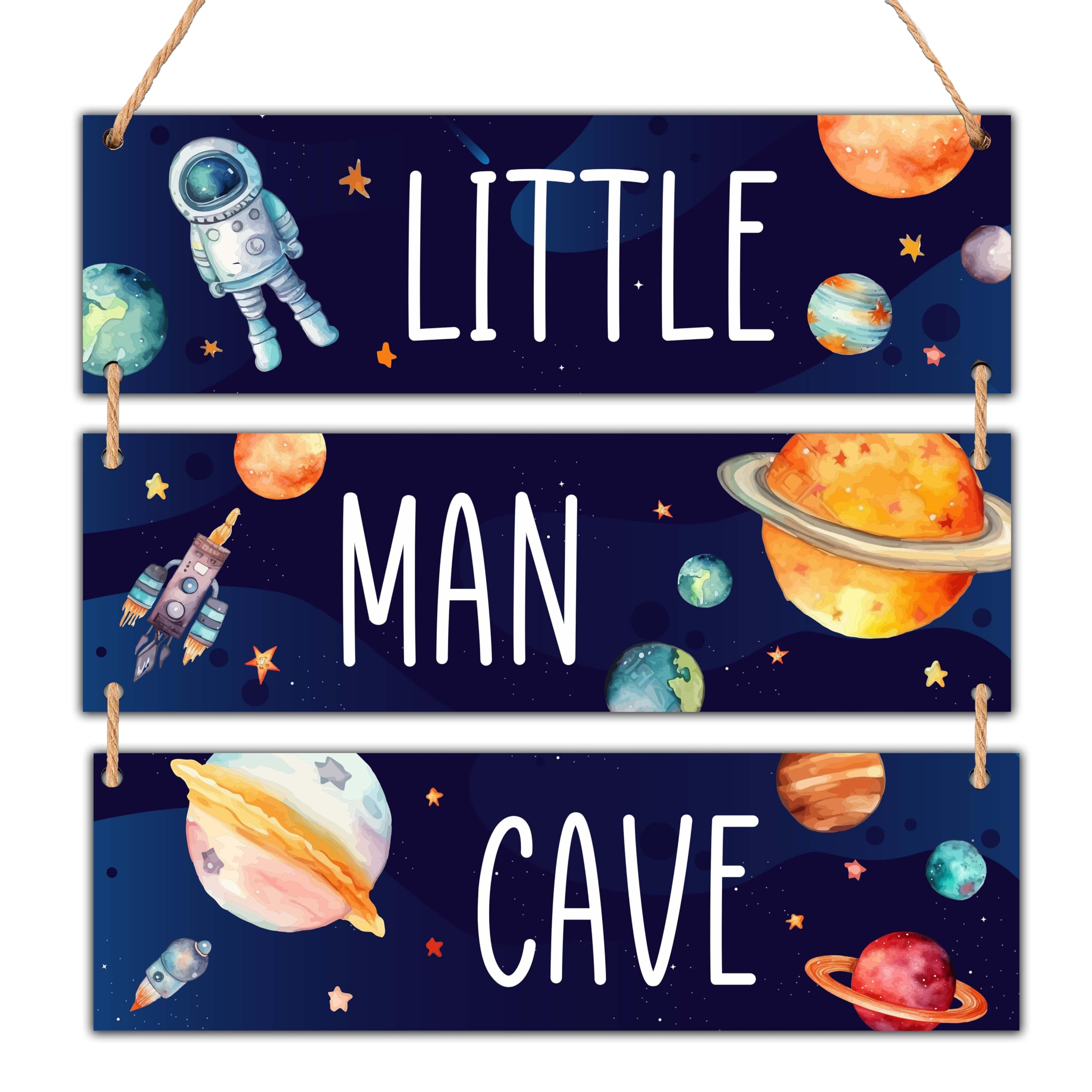Little Man Cave, 3" x 10" Outer Space Wooden Door Sign for Bedroom Nursery Playroom Decor, Teen Boy Gifts for Son Game Lover, Gaming Wall Art - A07