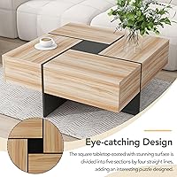 Vista 23 de P PURLOVE Mesa auxiliar para sala de estar, mesa de cóctel cuadrada con 4 compartimentos de almacenamiento ocultos y mesa deslizante extensible