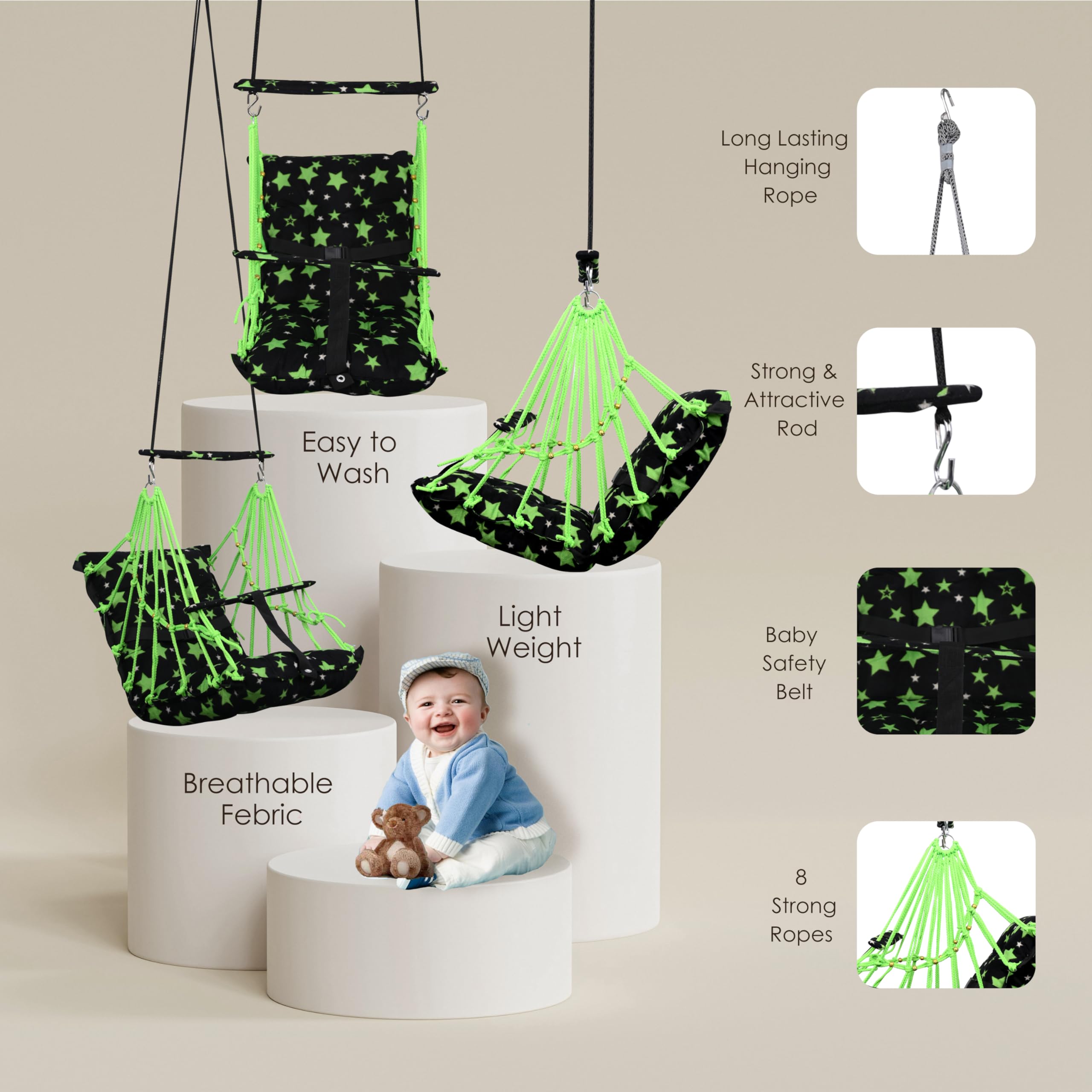 BOFFLE® Cotton Swing Chair for Kids Baby's Children Folding and Washable1-3 Years with Safety Belt/Home,Garden Jhula for Babies|Swing for Kids | Seat and Back Side 16x16 inch 3