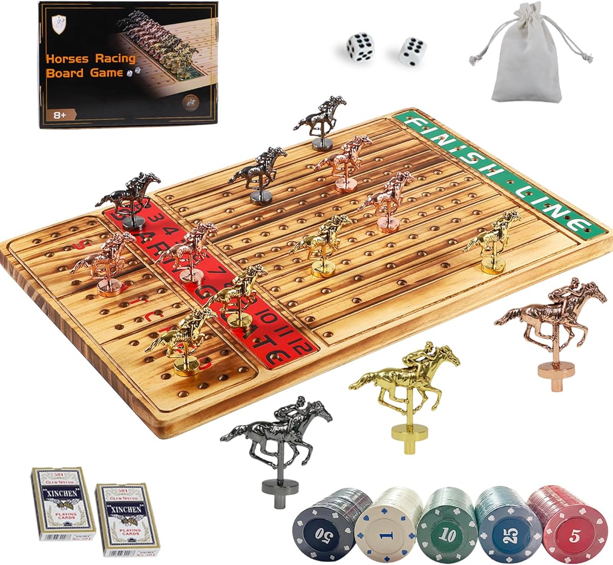 Horse Racing Board Game Thickened Solid Wood Finish Line Horse Race Game with 11 Metal Horses with 2 Sets of Dice,2 Boxes of Cards and 100 Poker Chips for Parties and Gambling