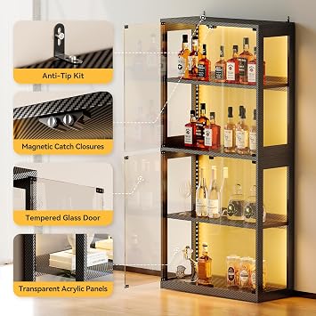 Coleshome Glass Display Cabinet with RGB LED Light, 160x70x30cm, Black | Display Cases with 3 Color Lights, Modern Storage Cabinet with Glass Door, Tall Bookcase for Home Office, Living Room