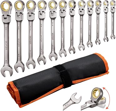 VEVOR Flex-Head Ratcheting Wrench Set, 12-Piece SAE Sizes, 72 Teeth, Cr-V Steel Ratchet Flexible Combination Wrench Set with Roll Up Pouch, for General Household and Automotive Repairs, Gray Nickel