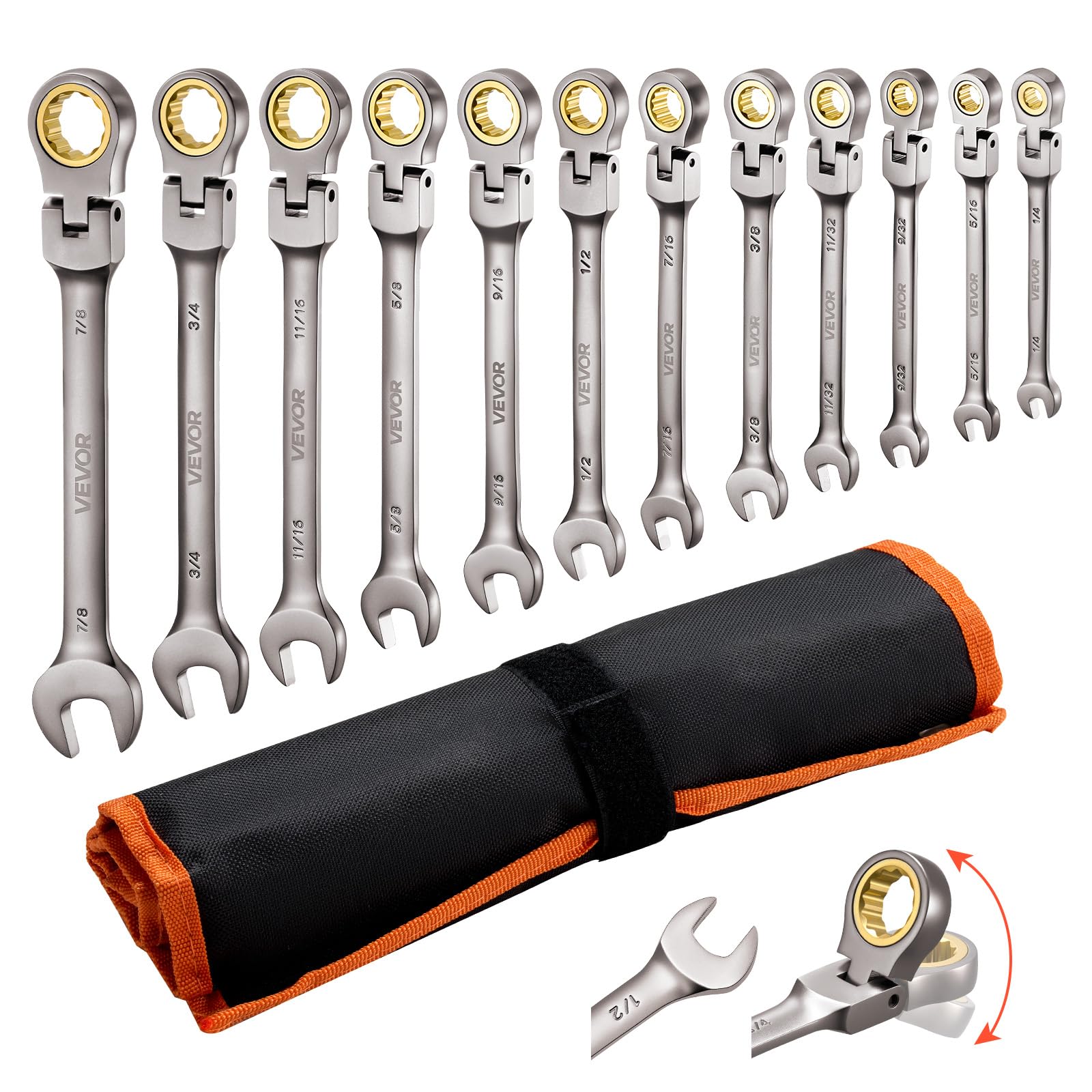VEVOR Jeu de Clés Mixtes 12PCs, Clé Plate à Cliquet à Tête Flexible, pour Réparation Domestique et Automobile, Taille SAE, Extrémité Fourche, 72 Dents, en Acier Cr-V, avec Trousse Enroulable