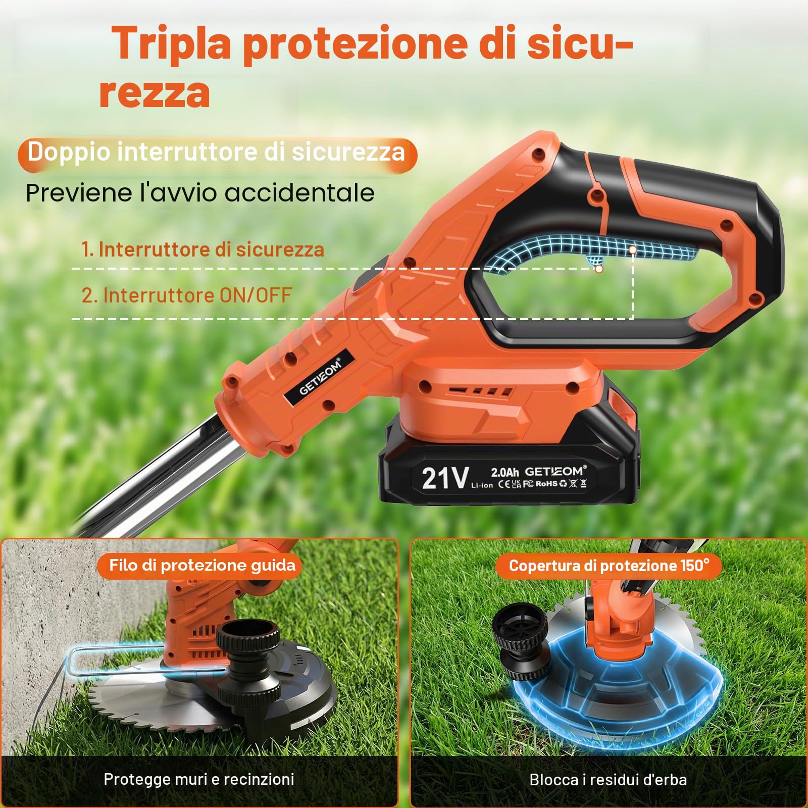 Decespugliatore a batteria da 21 V, 4 in 1, con motore da 850 W e display LCD, con spazzola in acciaio e lama da 8", funzionamento silenzioso solo 75 dB, per giardino e rimozione del muschio