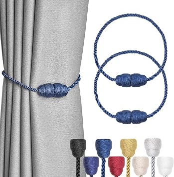NICEEC 2 Pack Strong Magnetic Curtain Tiebacks Handmade Weave Side Rope Curtain Holdbacks Unique & Elegant Decorative Curtain Drape Tie Backs for Home & Office & Outdoor Window Drapery Navy