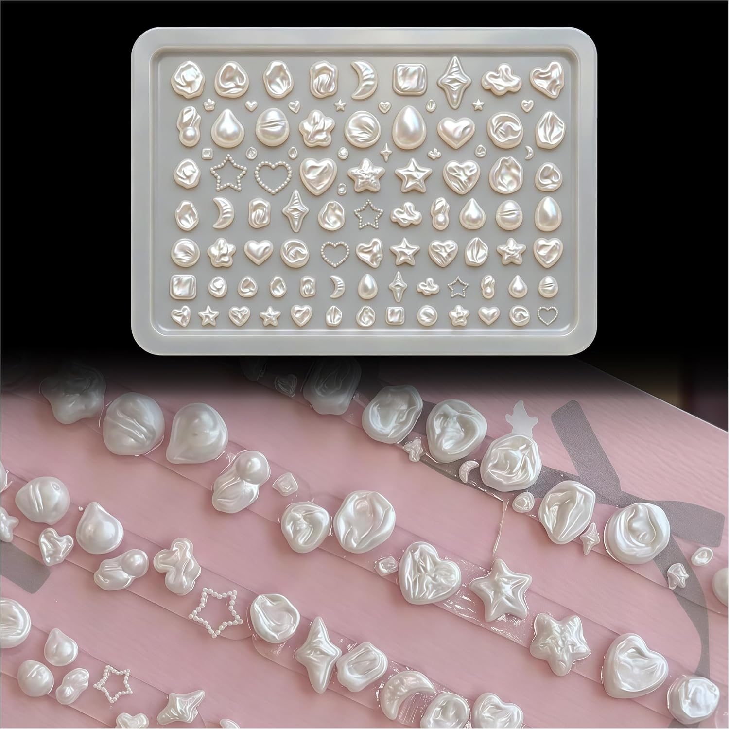 3D Baroque Pearl Nail Mold Multiple Shapes Heart Shaped, Five Pointed Star Shaped Pearls Charms Shell Moon Nails Molds Accessories Gel Grace Art Manicure Tools for Nail Design