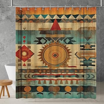 Aztec Western Shower Curtain Colorful Boho Abstract Grunge Geometric Pattern, Lightweight 100% Polyester, Water and Stain Resistant, Multiple Sizes with Hooks 79x69 in