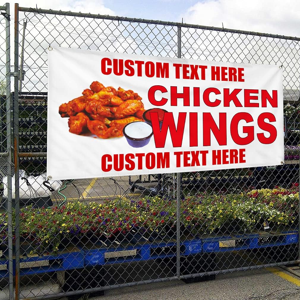Custom Vinyl Banner Multiple Sizes Chicken Wings Red Food Bar Restaurant Food Truck Bistros & Caf S Outdoor Weatherproof Industrial Yard Signs 4 Grommets Personalized Text Here 24x36Inches
