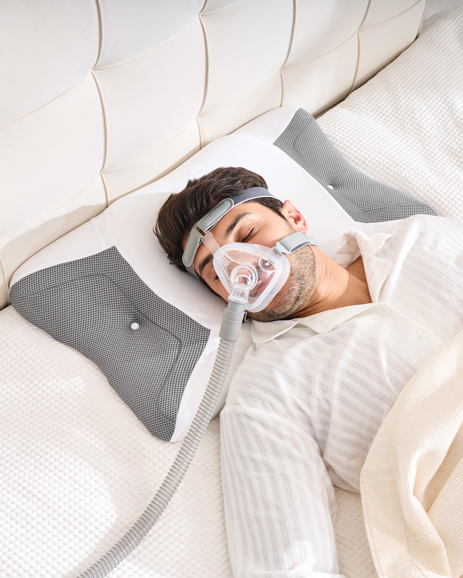 Almohada CPAP Ortopédica Cervical Espuma Viscoelástica, Almohada Apnea del Sueño Ergonómica con Ranuras Laterales Ensanchadas Reducen Presión Mascarilla y Fugas Aire, Funda Transpirable Fresca