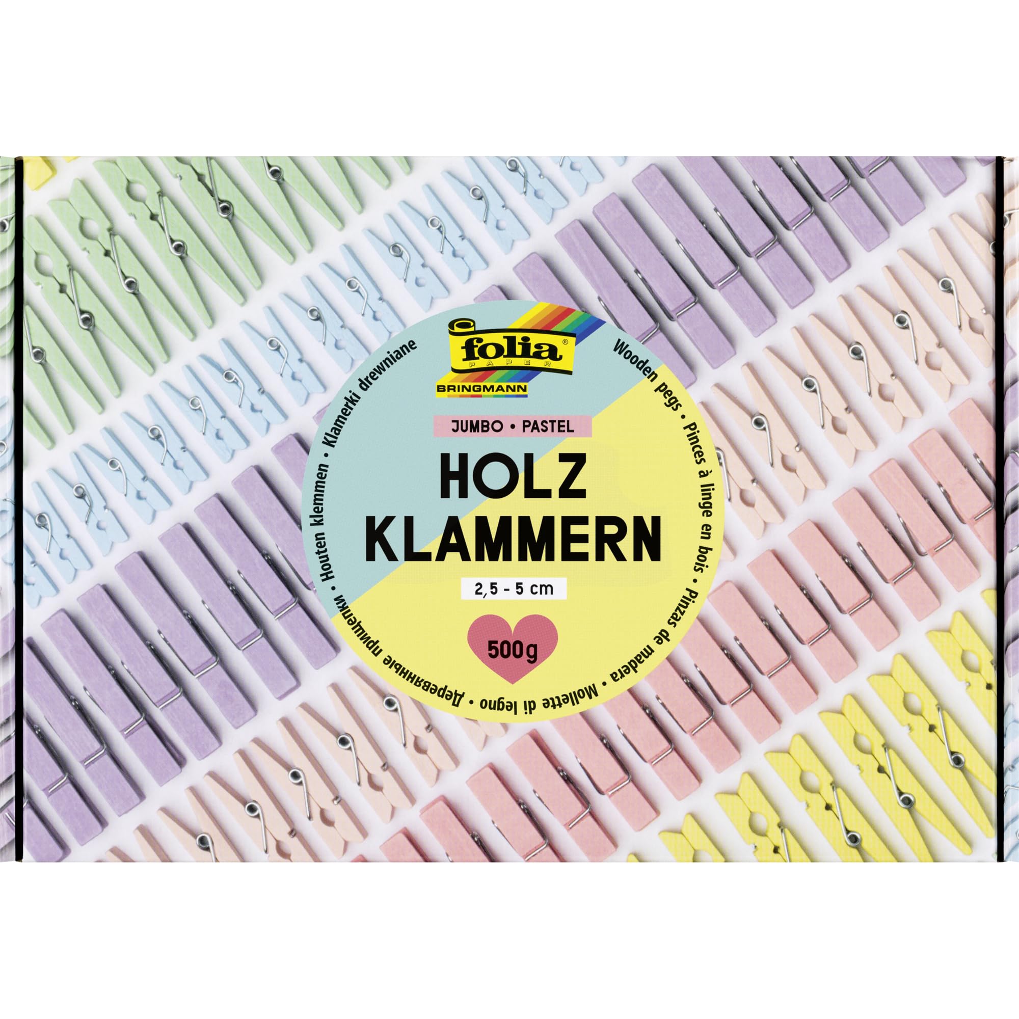 folia 22996 22996 Jumbo Pastel Wooden Pegs, 500 g, Craft Pegs Made of Wood in 6 Pastel Colours, Approx. 400 Pieces, 2.5-5 cm