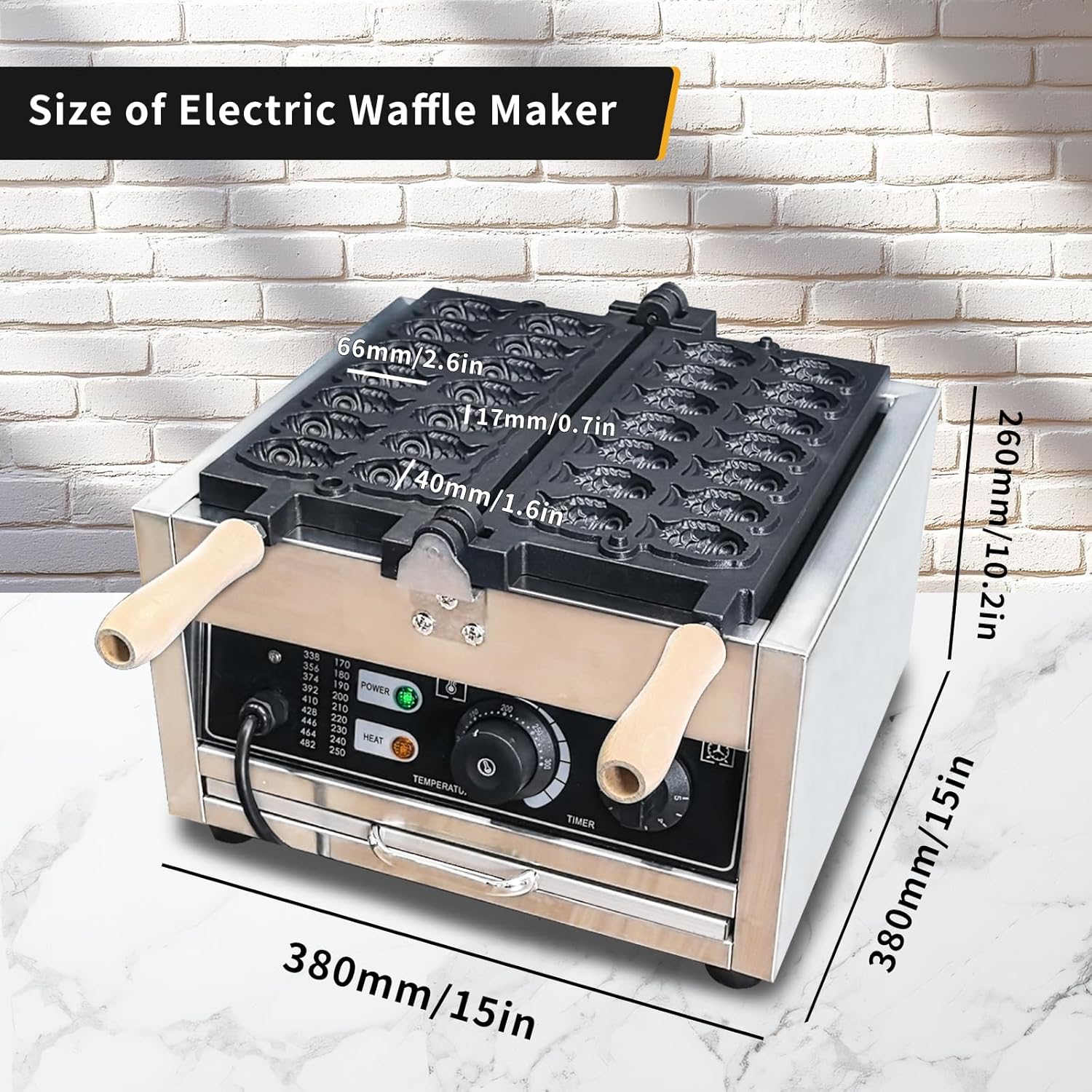 Taiyaki Waffle Maker, Fish-Shaped, Stainless Steel, 1400W, 110V, 14Pcs Non-stick, Compact, Industrial, Restaurant, Cafe, Snack Shop, Food Stall