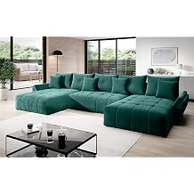 Vigo Velvet Monolith U-Shaped Corner Sofa 382 cm x 190 cm - Sofa Bed with Bed Box - Couch with Storage Space and Cushion - Sofa with Pull-Out Sofa Bed - Colour Green M-37