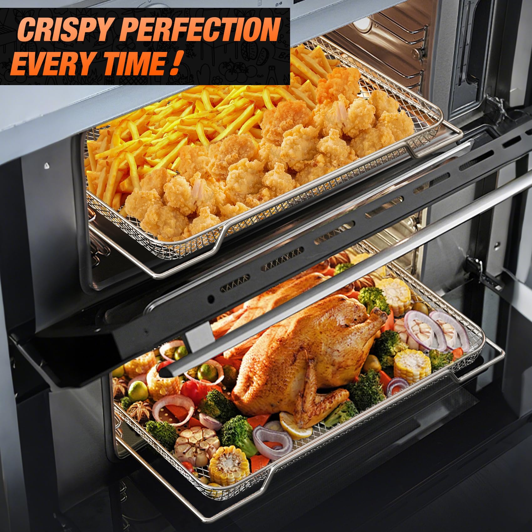 onlyfire 3 er Edelstahl Backofen Gitterkorb, 42 X 29.5cm Mesh-Grillkorb Frittierkorb Backofenkorb zum Backen, Pommes Frites, Gemüse Chicken Nuggets, Drahtgestell für Ofen