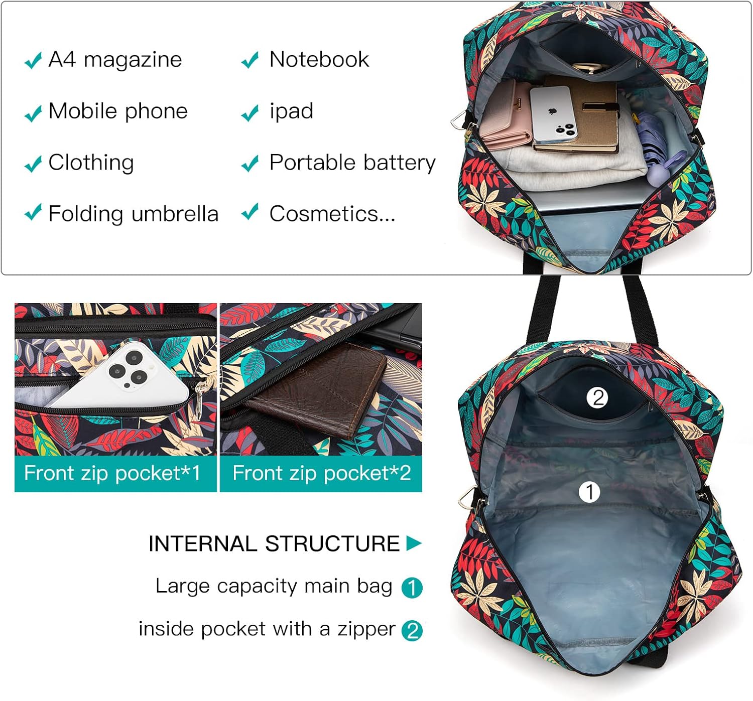 Foldable Travel Duffel Bag, Medium Women's Weekender and Overnight bag carry on Luggage bag for Women