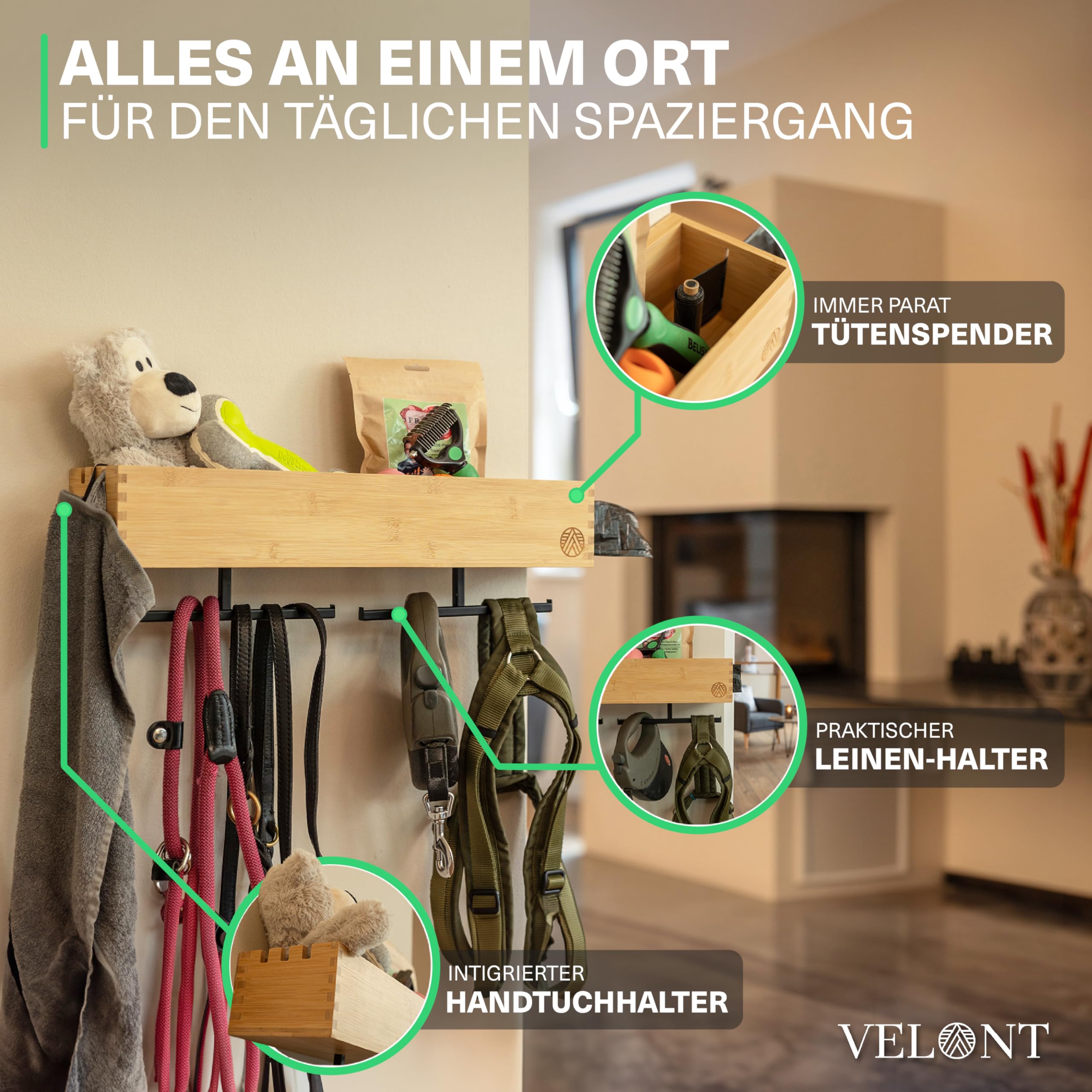 VELONT Perchero XXL con estante, perfecto aparcamiento de lino, bambú respetuoso con el medio ambiente, estación para ropa y accesorios, marca alemana, incluye dispensador de bolsas de excrementos,