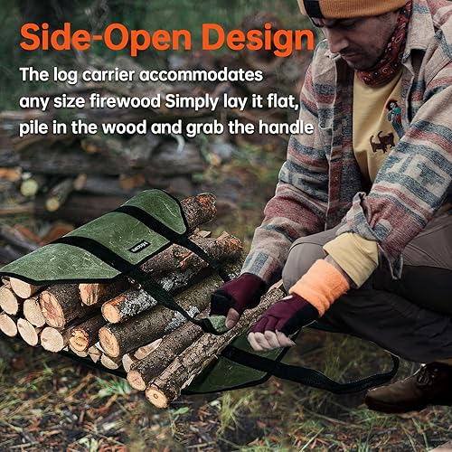 Miniatura 26 de Transportadores de leña con asas, bolsa de lona resistente para leña con asas, transportador de madera duradero para leña, adecuado para chimenea