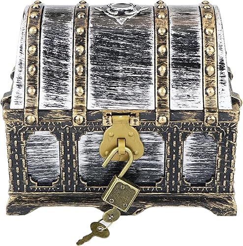 Miniatura 13 de Cofre del tesoro pirata para niños: pequeña caja del tesoro con cerradura y llave, caja de colección vintage de plástico para almacenamiento de