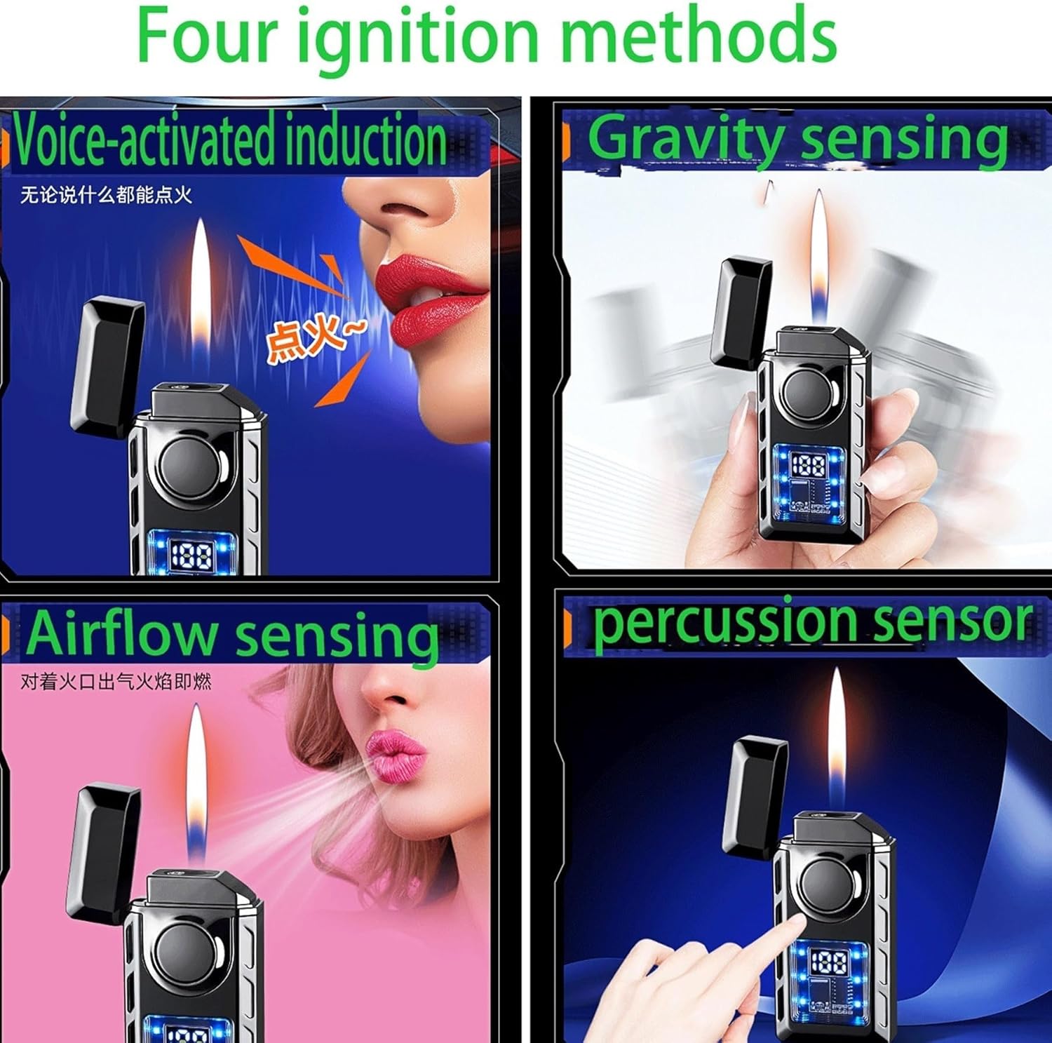 Smart Voice-Activated Lighter,Two Flame Modes,Adjustable Flame,Butane refillable Visual Fuel Window Butane Lighter(Ice Black)