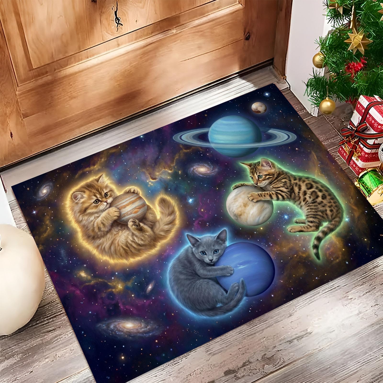 Felpudo de Entrada 80x120cm, Alfombra Sueño Surrealista Atrapapolvo Alfombra Gato Espacial Antideslizante Lavable, Alfombrilla con Microfibras Suaves Absorbentes para Puerta, Pasillo, Azul Marino