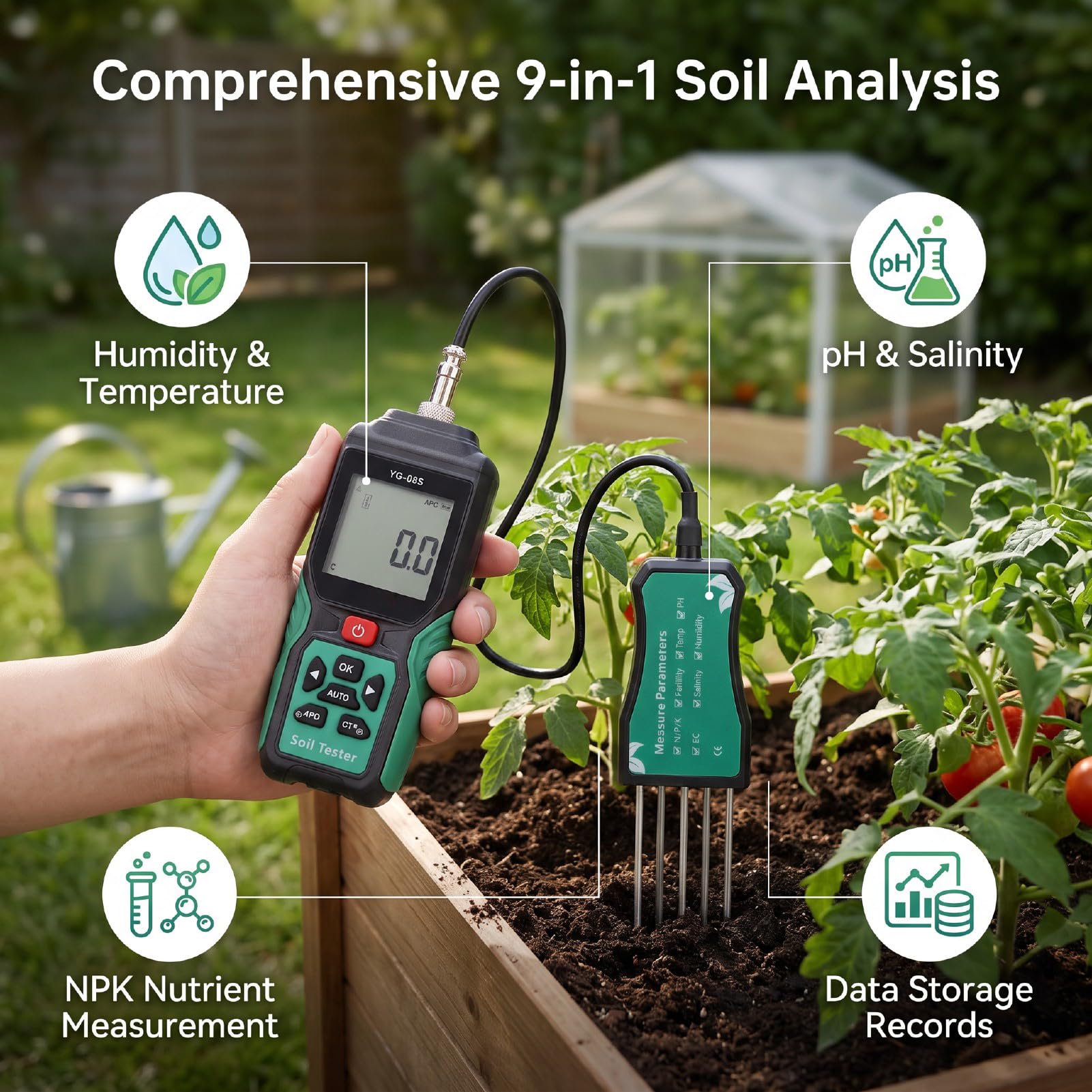 Medidor de Suelo 9 en 1 con Pantalla LCD para el Cuidado | Sonda de Acero Inoxidable que Mide Temperatura, PH, EC, N, P, K, Fertilidad y Salinidad para Jardín, Césped, Cultivo