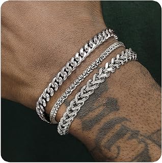 Silver and Gold Bracelet for Men, Cuban Chain Bracelet Set Water Proof Stainless Steel Bracelet for Him, Adjustable Gold Link Men Jewelry as Stocking Stuffers Gifts for Boyfriend, Dad and Son